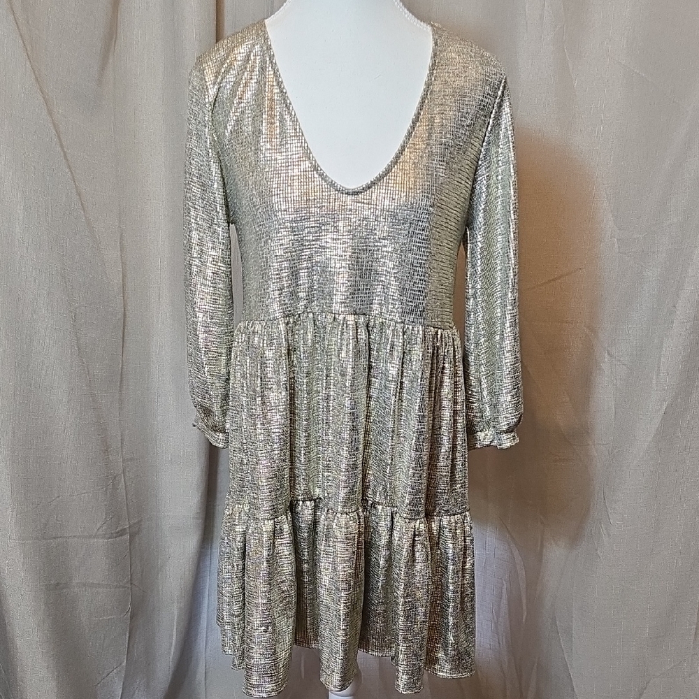 Karlie Metallic Gold V-Neck Tiered Dress